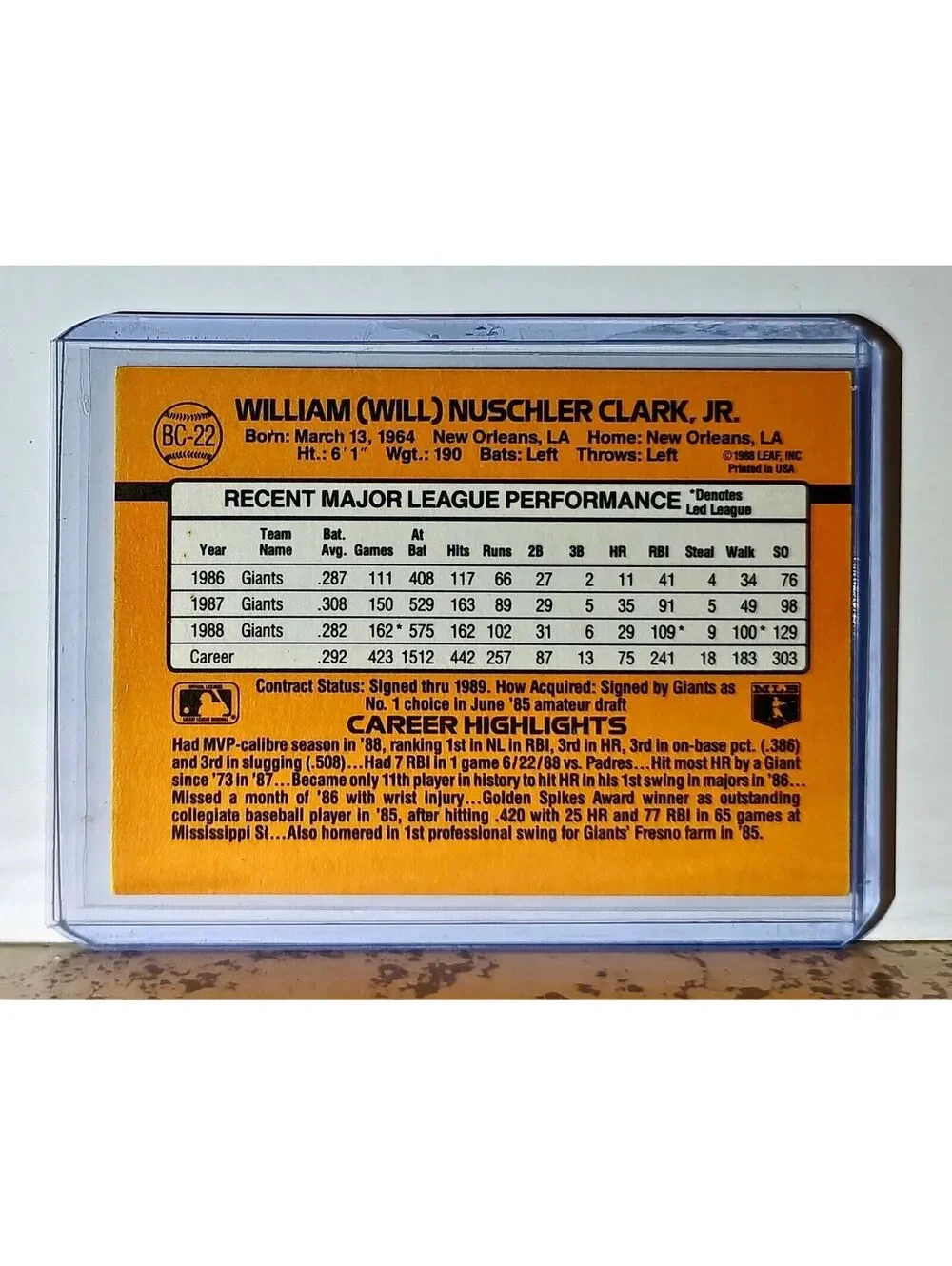 Will Clark 1989 Donruss MVP MLB #BC-22 Baseball Card San Francisco Giants